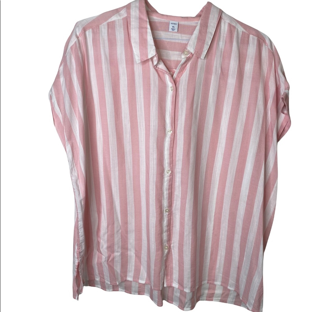 Old Navy Pink and White Stripe Cap Sleeve Button Up Top
